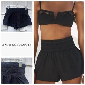 Anthropologie Black Smocked Waist Wide Leg Shorts Tie Detail Women S